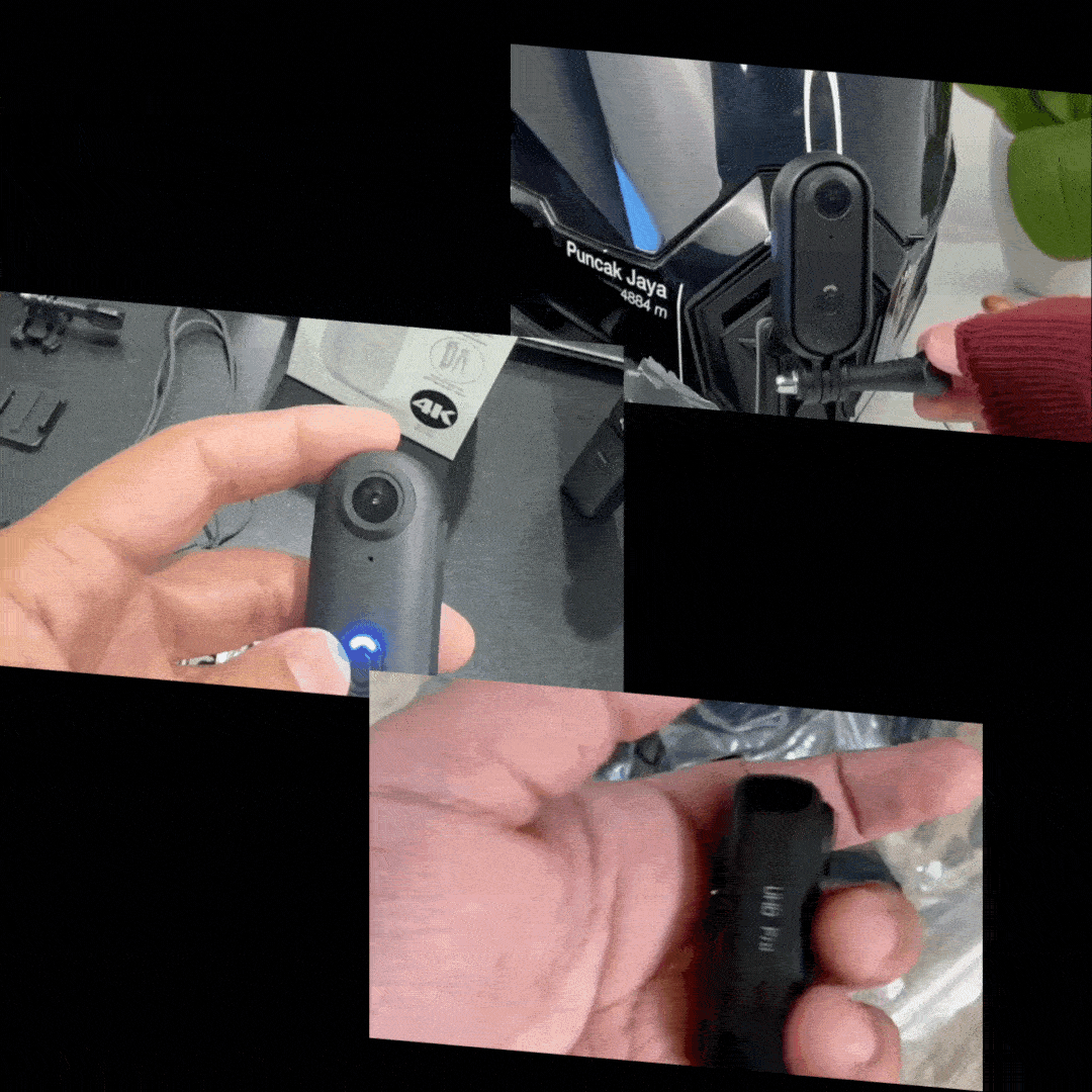 Collage von Nahaufnahmen der Viewix Action Cam, zeigt verschiedene Perspektiven und Details der Kamera, einschließlich Kameralinse, Anschlüsse und Montagemöglichkeiten