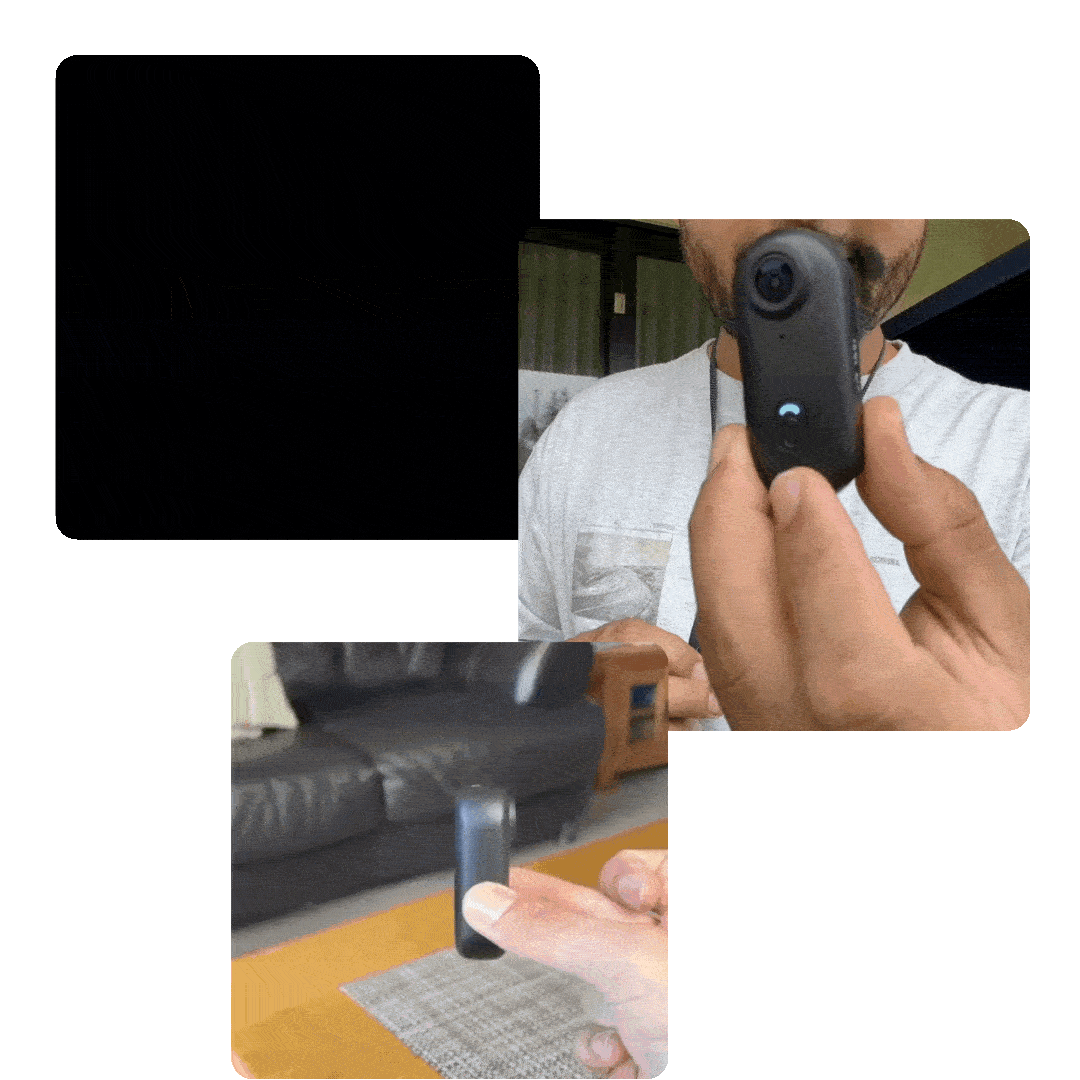 Drei Aufnahmen zeigen Viewix Action Cam in verschiedenen Tragesituationen: an Kleidung befestigt, in der Hand gehalten und mit Befestigungsclip